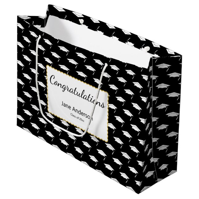 Congratulations Grad Name Black White Graduate Cap Large Gift Bag (Front Angled)