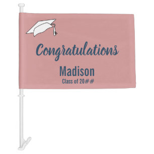 Congratulations Grad Name Blue and Dusty Pink Car Flag