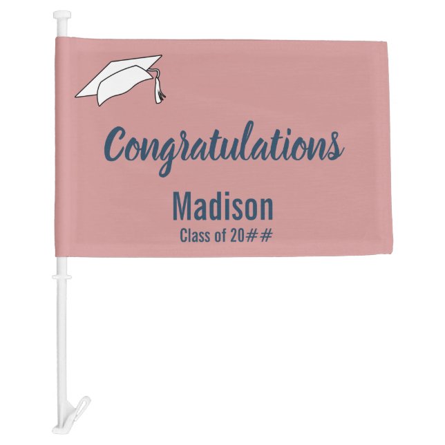 Congratulations Grad Name Blue and Dusty Pink Car Flag (Front)
