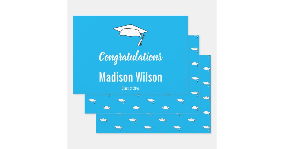 Congratulations Grad Name Blue White Graduation Wrapping Paper Sheets ...