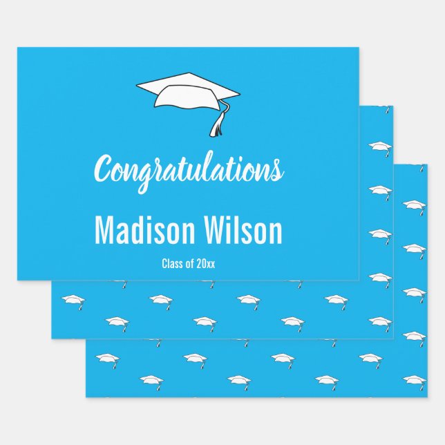 Congratulations Grad Name Blue White Graduation Wrapping Paper Sheets (Set)