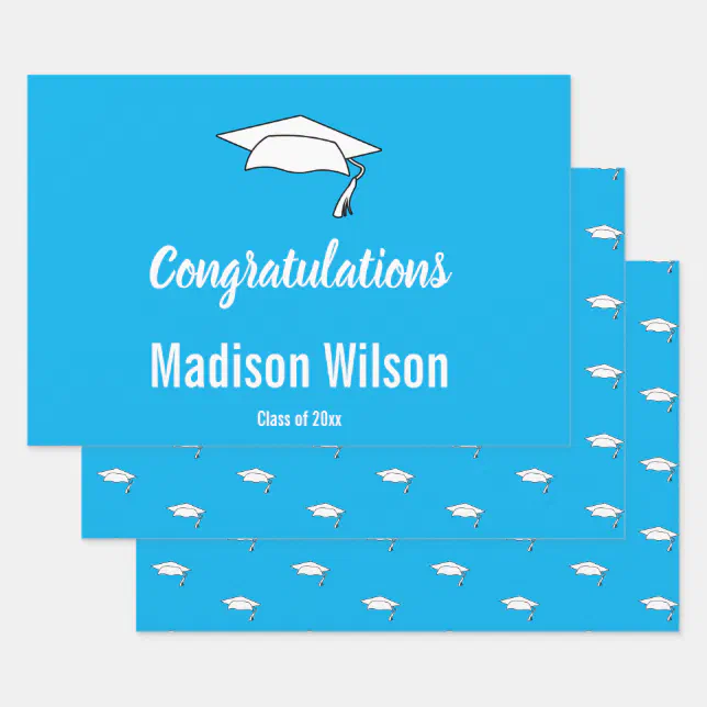 Congratulations Grad Name Blue White Graduation Wrapping Paper Sheets ...