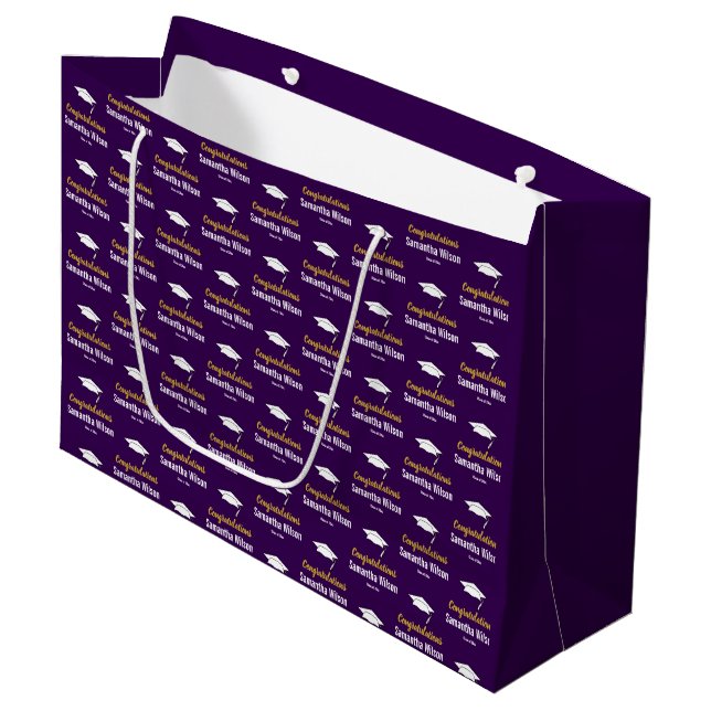 Congratulations Grad Name Dark Purple Gold White Large Gift Bag (Front Angled)