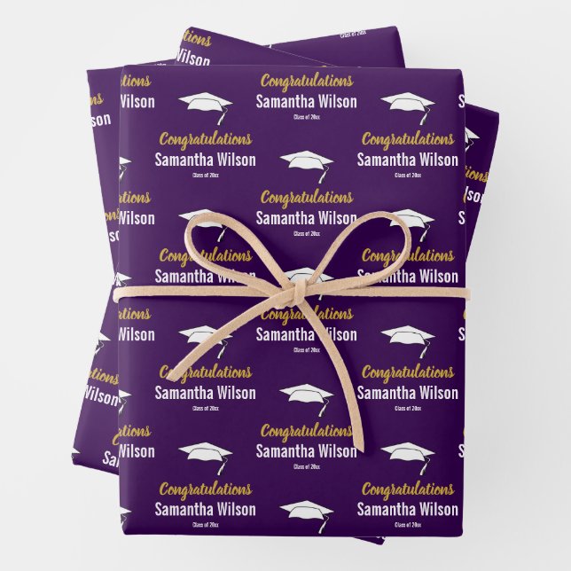 Congratulations Grad Name Dark Purple Gold White Wrapping Paper Sheets (In situ)