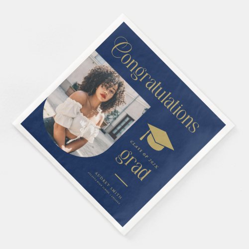 Congratulations Grad Navy Blue Gold Photo Arch Paper Dinner Napkins