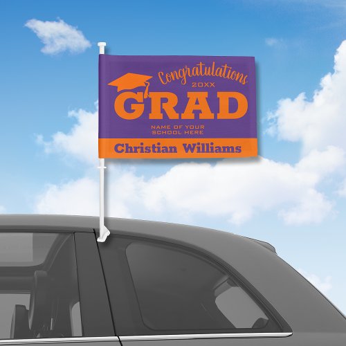 Congratulations Grad Orange on Purple Graduation Car Flag