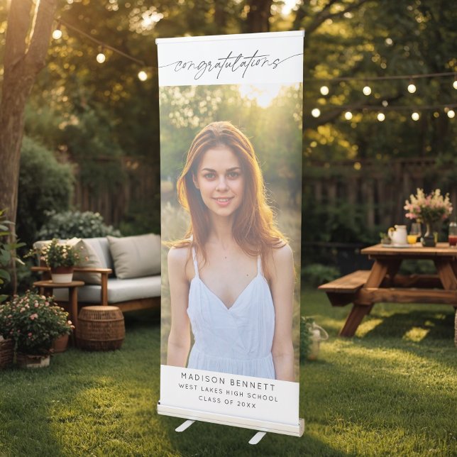 Congratulations Grad Party Elegant Script Photo  Retractable Banner (Creator Uploaded)