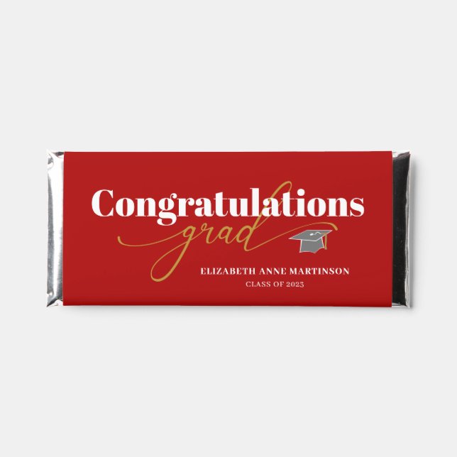 Congratulations Grad Script Black and Red Hershey Bar Favors (Front)