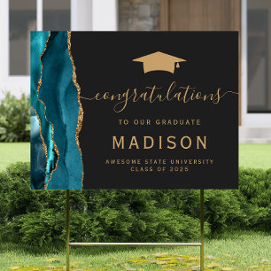 Congratulations Grad Teal Gold Agate Dark Yard Sign
