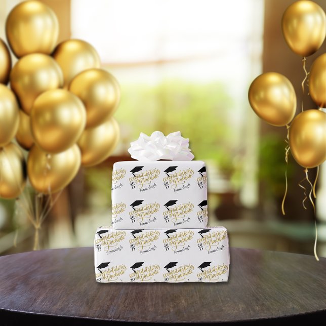 Congratulations Grad Year Monogram Black Gold Wrapping Paper (Creator Uploaded)