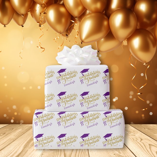 Congratulations Grad Year Monogram Purple Gold Wrapping Paper (Creator Uploaded)