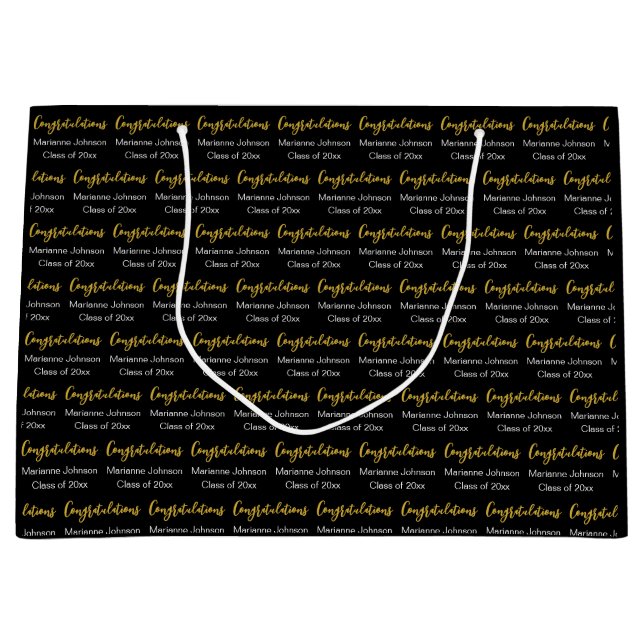 Congratulations Grad's Name Black White Gold  Large Gift Bag (Front)