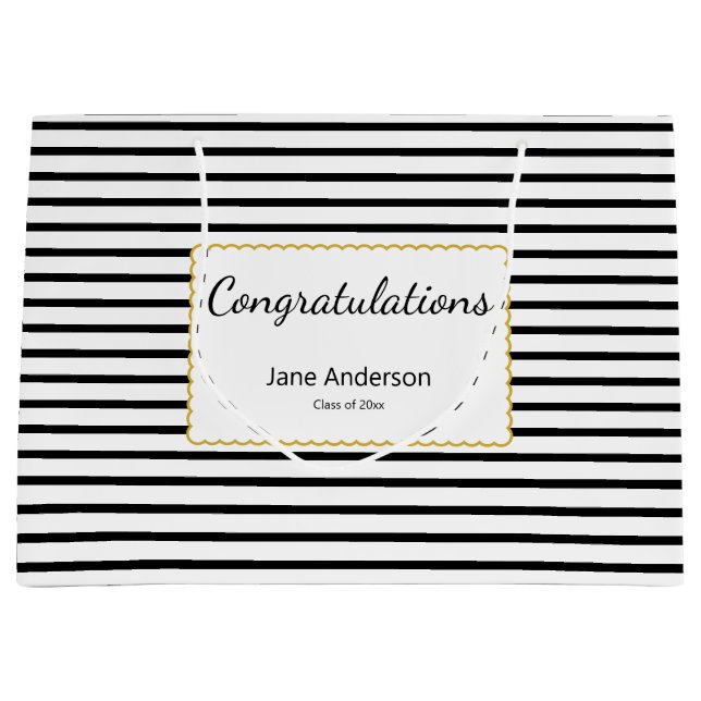 Congratulations Grad's Name Black & White Stripes Large Gift Bag (Front)