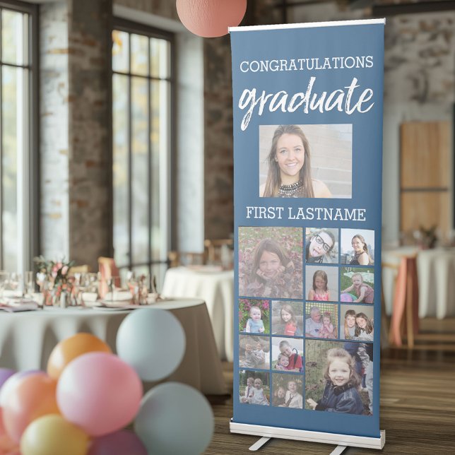Congratulations Graduate 15 Photo Collage Navy Retractable Banner (Graduation Party Banner with Photos of the Graduate)