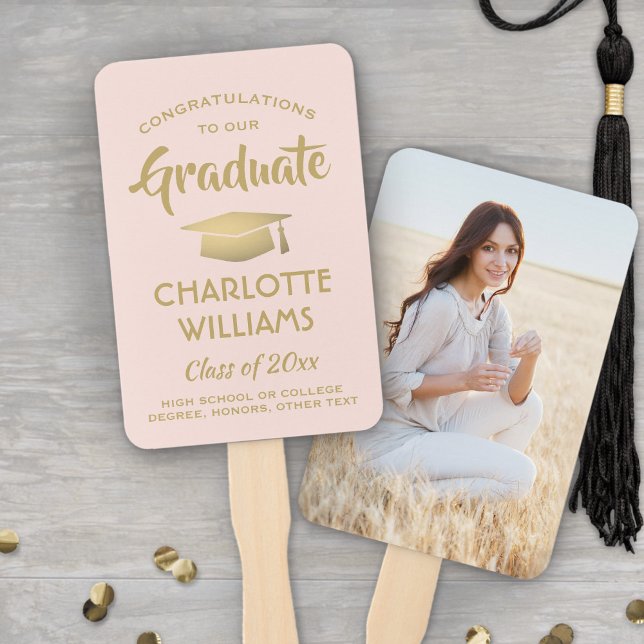 Congratulations Graduate 1 Photo Blush Pink & Gold Hand Fan (Creator Uploaded)