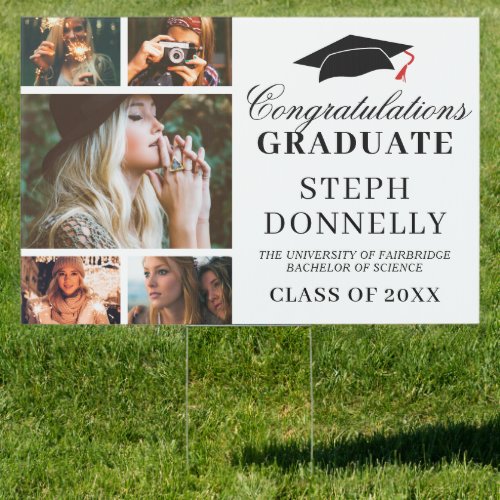 Congratulations Graduate 5 Photo Sign - Simple graduation yard sign featuring a plain white background that can be changed to any color, a black mortarboard with a red tassel, 5 photos of the graduate, and a elegant graduation party template that is easy to personalize.