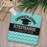Congratulations Graduate - Aqua Black Graduation Keychain<br><div class="desc">A traditional graduation cap with a fun pattern and place to add the graduate name. Add any year to personalize this whimsical design. This can be used for any graduate - high school,  college,  grad school,  med school or even trade school.</div>