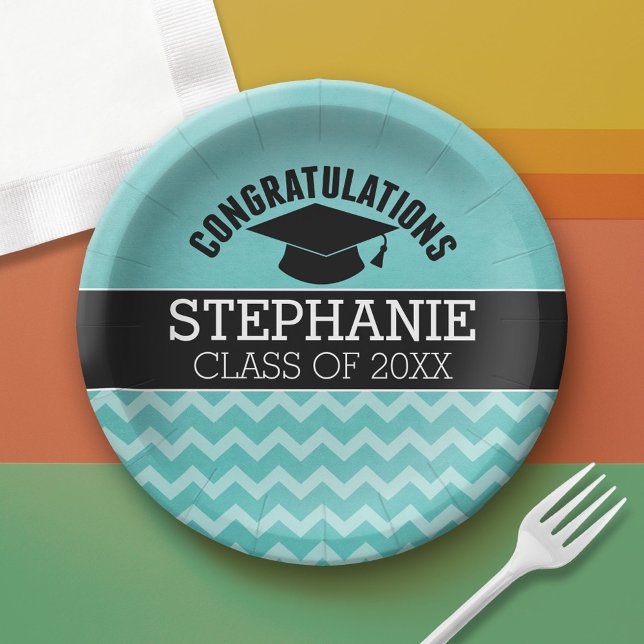 Congratulations Graduate - Aqua Black Graduation Paper Plates (Custom Graduation Paper Plate)