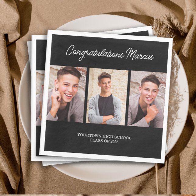 Congratulations Graduate Black 3 Photo Party Napkins (3-photo black and white graduation paper napkins.)