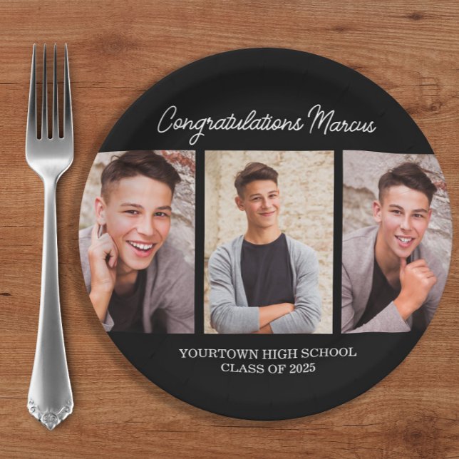 Congratulations Graduate Black 3 Photo Party Paper Plates (3-photo black and white graduation party paper plates.)