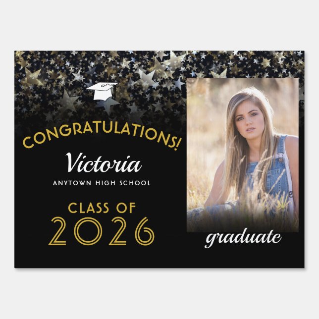 Congratulations Graduate Black and Gold Photo Sign (Front)