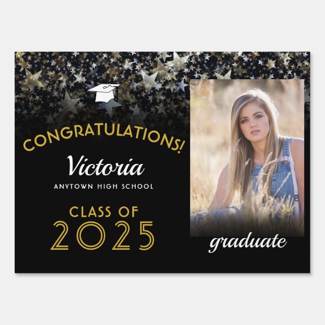 Congratulations Graduate Black and Gold Photo Sign (Front)