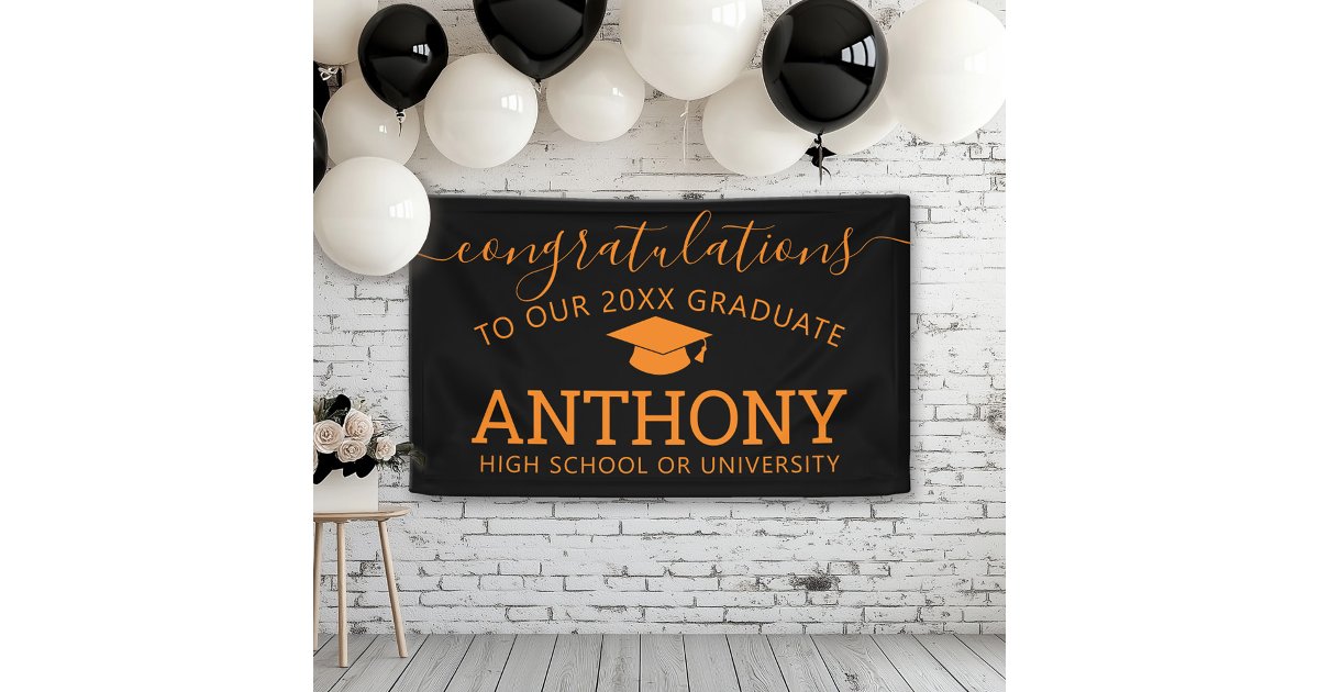 Congratulations Graduate black orange cap virtual Banner | Zazzle