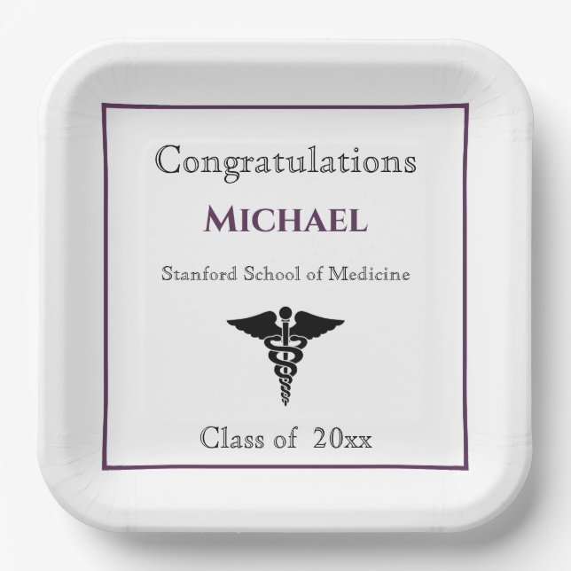 Congratulations Graduate Caduceus Burgundy White Paper Plates (Front)