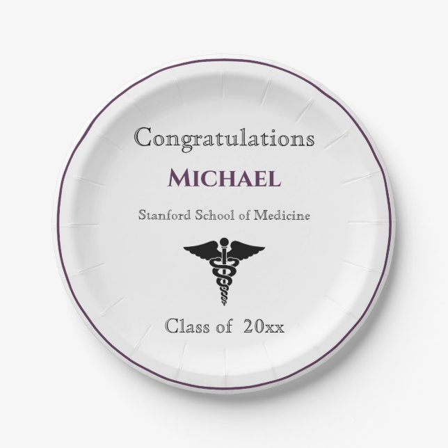 Congratulations Graduate Caduceus Burgundy White Paper Plates (Front)