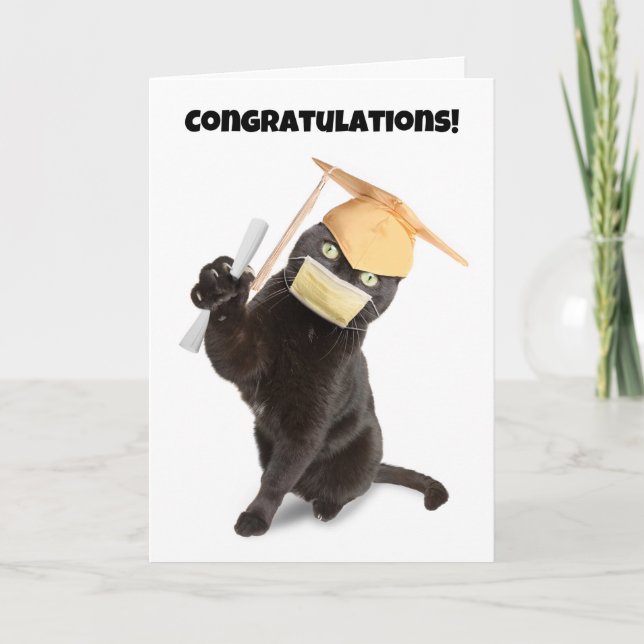 Congratulations Graduate Cat in Face Mask Humor Holiday Card (Front)