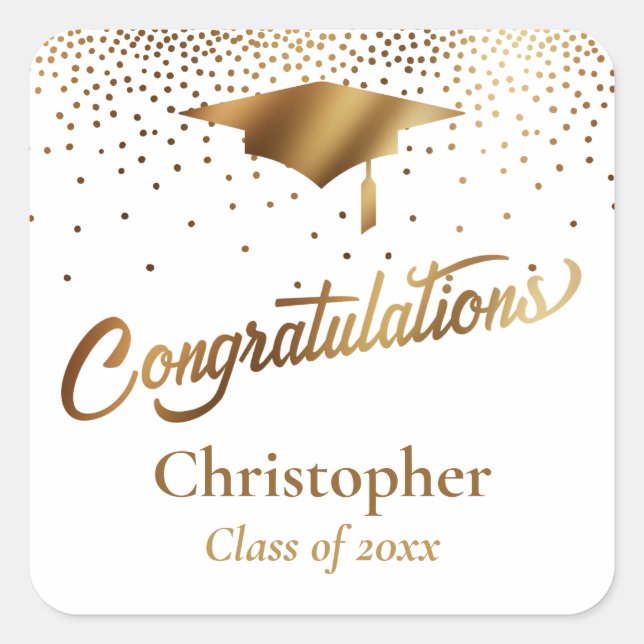 Congratulations Graduate, Class of Gold and White Square Sticker (Front)