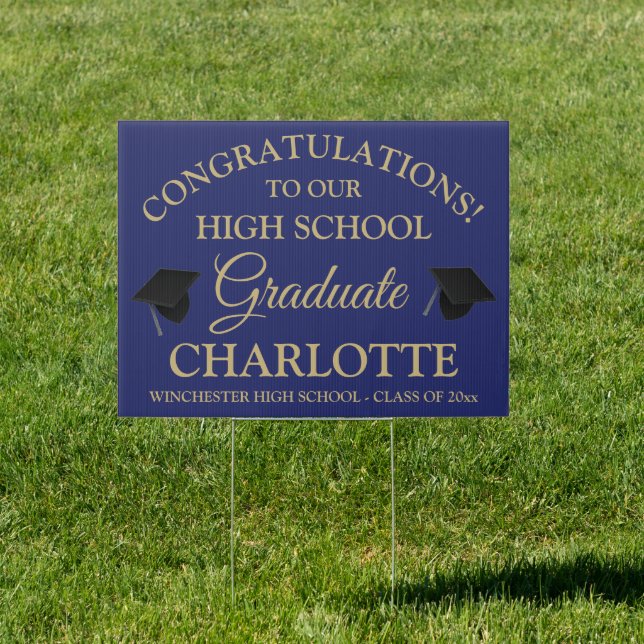Congratulations graduate custom gold navy blue sign (Insitu)