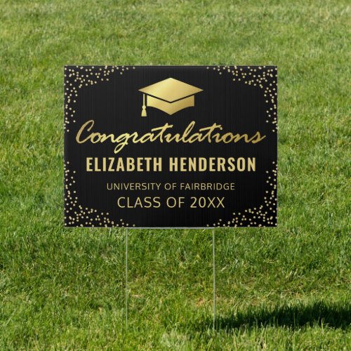 Congratulations Graduate Elegant Black Gold Sign - Modern graduate yard sign featuring a stylish black background that can be changed to any color, elegant gold sparkly glitter, a gold foil mortarboard cap, and a congratulations template that is easy to personalize.