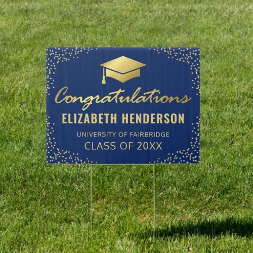 Congratulations Graduate Elegant Navy Gold Sign - Modern graduate yard sign featuring a stylish navy blue background that can be changed to any color, elegant gold sparkly glitter, a gold foil mortarboard cap, and a congratulations template that is easy to personalize.