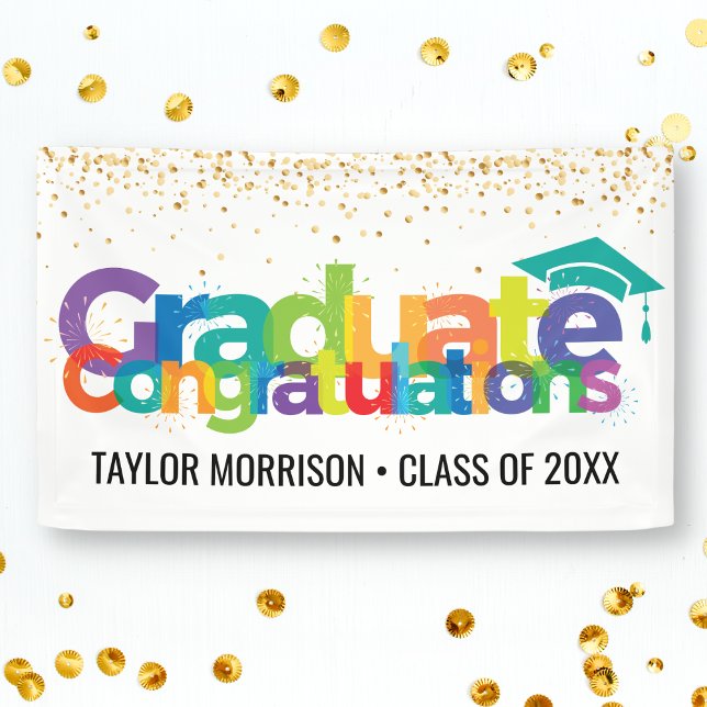 Congratulations Graduate Fun Colorful Gold Glitter Banner (Creator Uploaded)