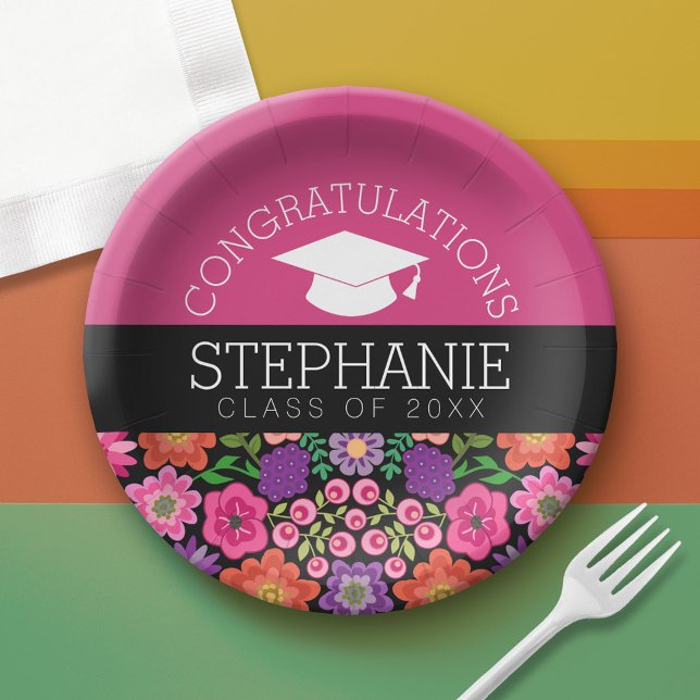 Congratulations Graduate Girly Flowers Graduation Paper Plates (Custom Graduation Paper Plate)