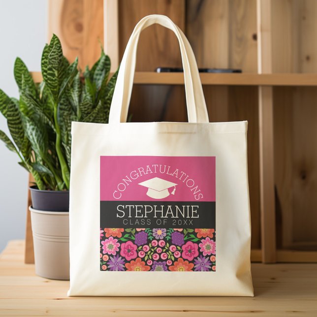 Congratulations Graduate Girly Flowers Graduation Tote Bag (Personalized tote bag - graduation girly design)