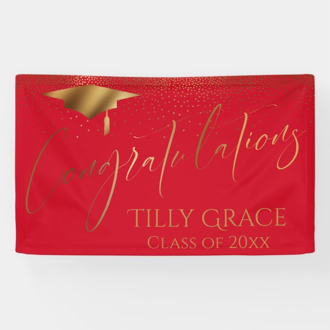 Congratulations Graduate Gold Confetti Cherry Red Banner (Horizontal)