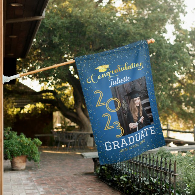 Congratulations Graduate Gold Confetti Photo House Flag (In SItu)