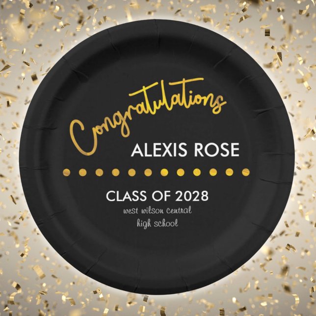 Congratulations Graduate Gold Script Black Paper Plates (Creator Uploaded)