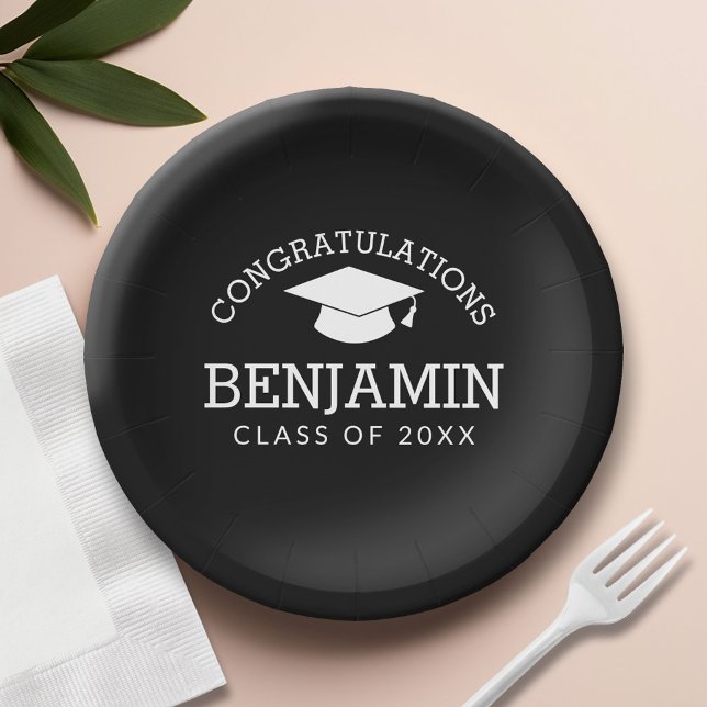 Congratulations Graduate Graduation Cap black Paper Plates (Custom Paper Plate)