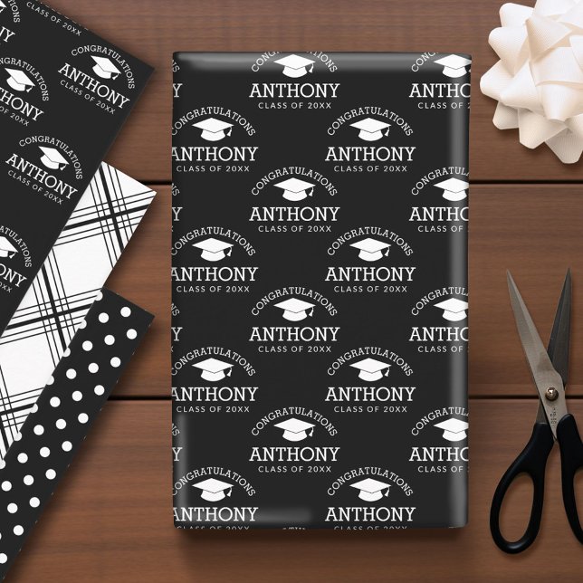 Congratulations Graduate Graduation Cap black Wrapping Paper Sheets (Custom Graduation Wrapping Paper)