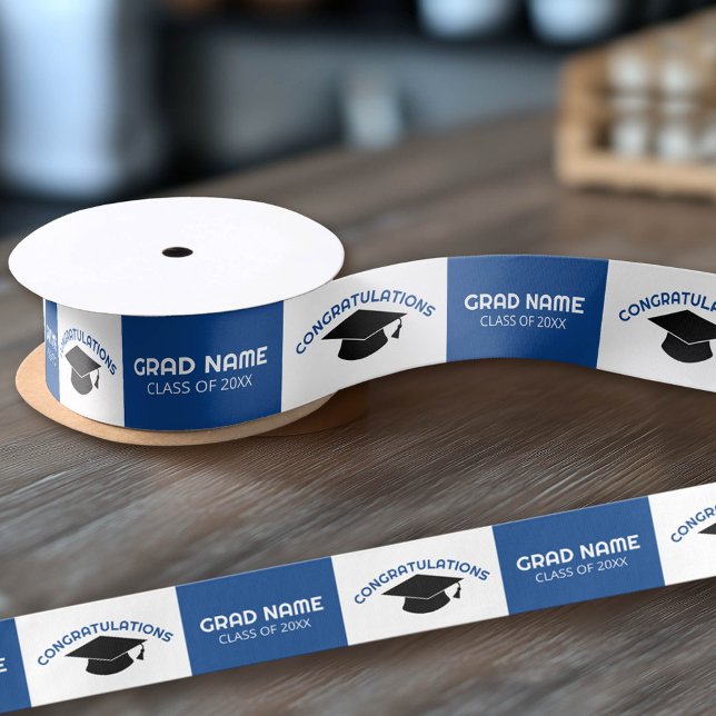 Congratulations Graduate Graduation Cap Blue Black Satin Ribbon (Custom Graduation Ribbon)