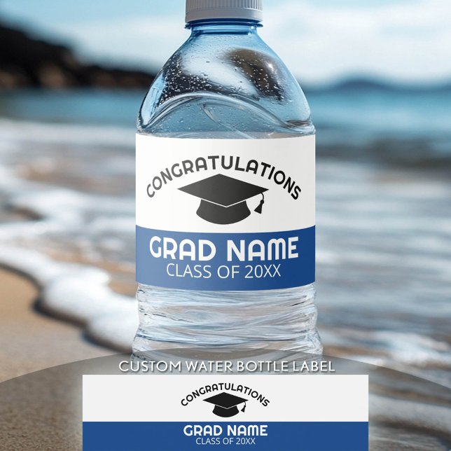 Congratulations Graduate Graduation Cap Blue Black Water Bottle Label (Custom Graduation Water Bottle Label)