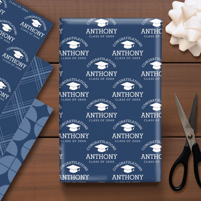 Congratulations Graduate Graduation Cap navy blue Wrapping Paper Sheets (Custom Graduation Wrapping Paper)
