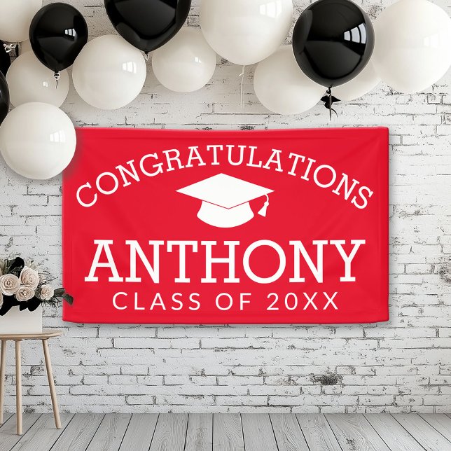 Congratulations Graduate Graduation Cap red white Banner (Custom Graduation Banner)