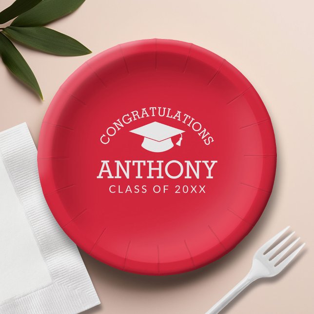 Congratulations Graduate Graduation Cap red white Paper Plates (Custom Paper Plate)