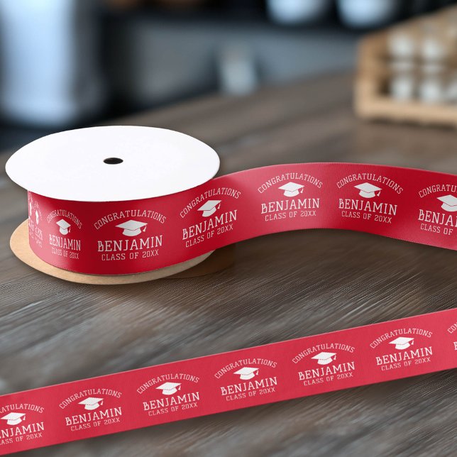 Congratulations Graduate Graduation Cap red white Satin Ribbon (Custom Graduation Ribbon)
