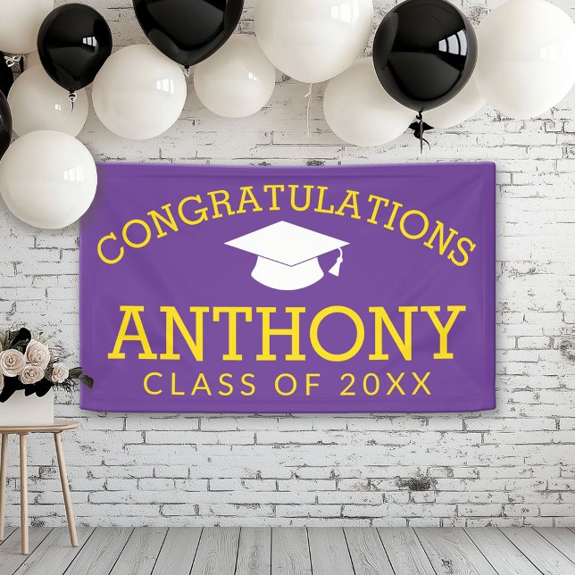 Congratulations Graduate Graduation - purple gold Banner (Custom Graduation Banner for a Grad Party or Open House)