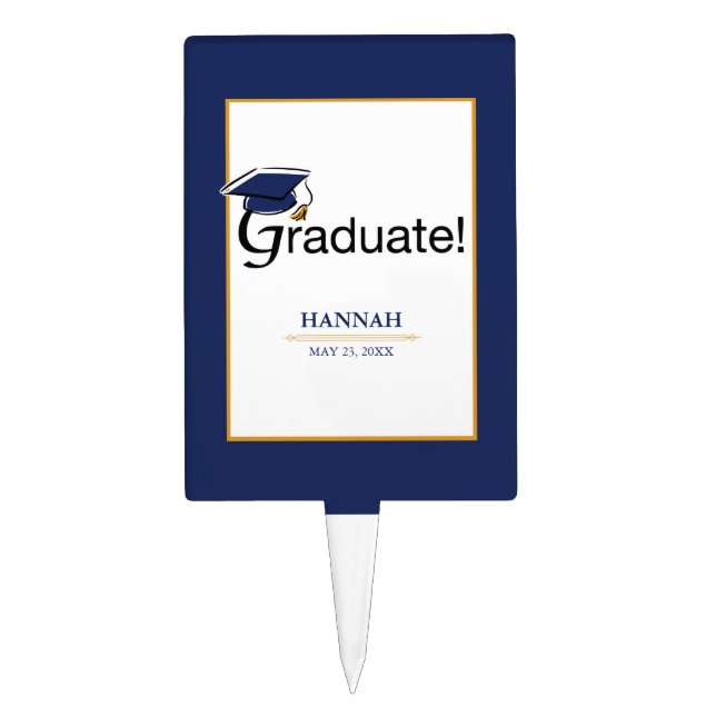 Congratulations Graduate, Hat, Tassel, Blue, Gold Cake Topper (Front)